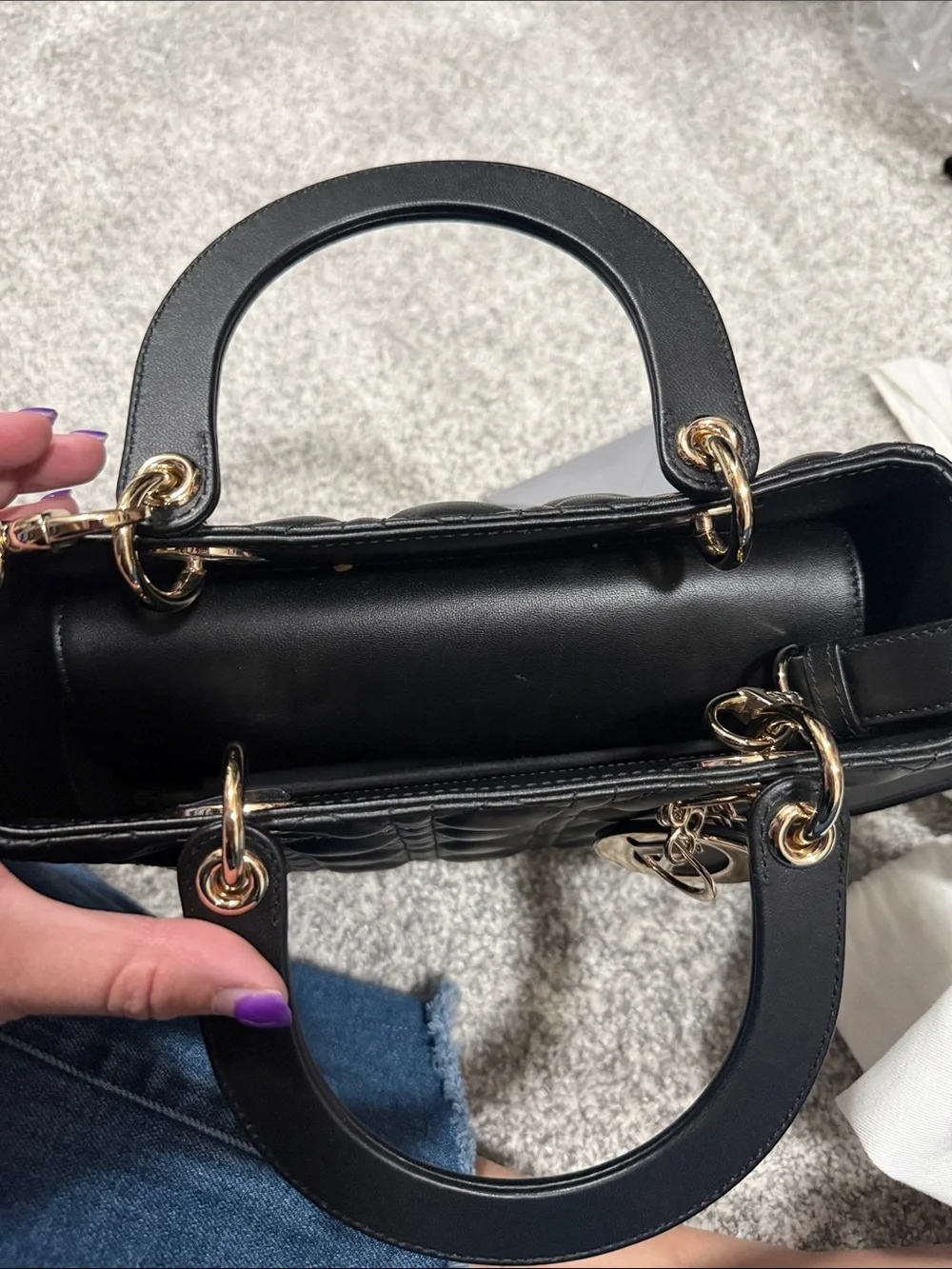 Dior Black Quilted Leather Top-Handle Bag with Gold Hardware and matching wallet